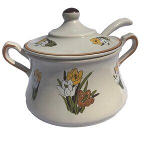 Vtg MCM Acsons ADELA Stoneware Tureen Ladle Set Daffodils Floral Serving Dish